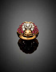 Diamond and synthetic ruby pink gold dome ring