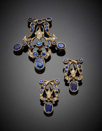 Rose cut diamond and sapphire white gold jewellery set comprising brooch and pendant earrings - Foto 1