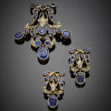 Rose cut diamond and sapphire white gold jewellery set comprising brooch and pendant earrings - фото 1