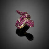 White gold snake ring accented with rubies for the most part synthetic and diamonds - photo 1