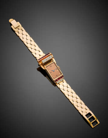 Yellow 14K gold wristwatch accented with diamonds and synthetic rubies - фото 1