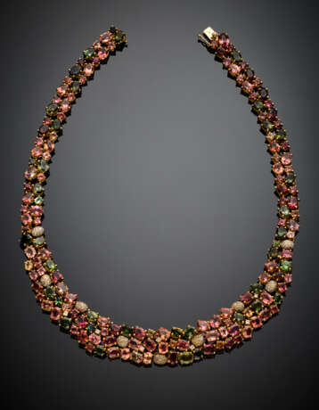 Vary colour tourmaline yellow gold graduated necklace accented with small diamonds and colourless stones - фото 1