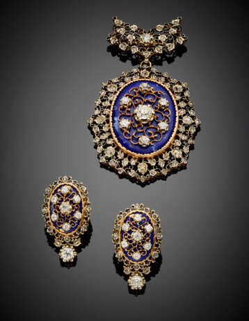 Old mine diamond and enamel bi-coloured gold jewellery set comprising - Foto 1