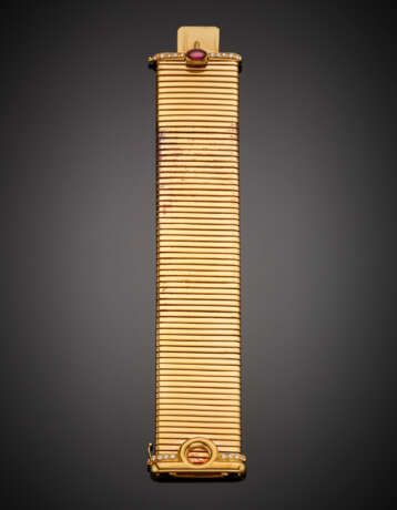 Yellow gold simil tubogas band bracelet accented with diamond and oval cabochon ruby - photo 1