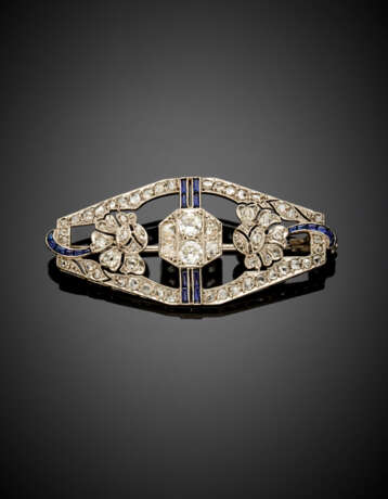 Old mine and rose cut diamond platinum lozenge brooch accented with small buff top sapphires - photo 1