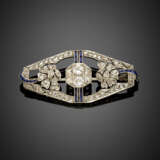 Old mine and rose cut diamond platinum lozenge brooch accented with small buff top sapphires - photo 1
