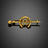Yellow 9K gold and metal bar brooch accented with a horse shoe and seedpearl letter "M" - photo 1