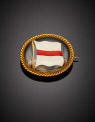 Yellow gold brooch with hyaline quartz doublet with inside carved enamel flag