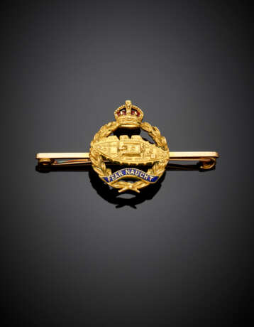 Yellow 9K gold and enamel Royal Tank Regiment bar brooch - photo 1