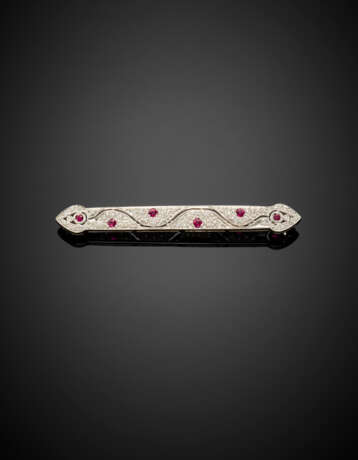 Ruby and diamond white gold bar brooch - photo 1