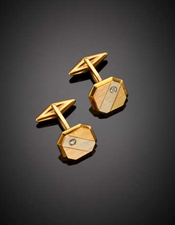 Three-colour partly glazed gold cufflinks accented with diamonds - photo 1