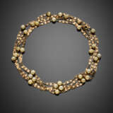 Yellow 9K gold long lozenge necklace with cultured pearl spacers - photo 1