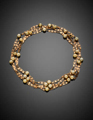 Yellow 9K gold long lozenge necklace with cultured pearl spacers - Foto 1