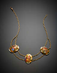 Yellow 9K gold chain necklace with three oval enamel miniatures