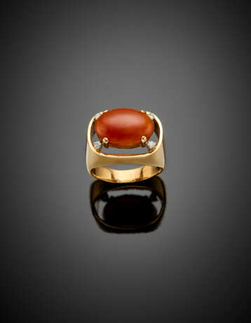 Orange jadeite and diamond yellow 14K gold ring - Foto 1