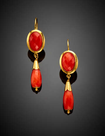 Yellow gold orange faceted coral earrings with pendant briolettes - photo 1
