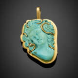 Yellow gold carved turquoise pendant/brooch accented with small diamond - фото 1