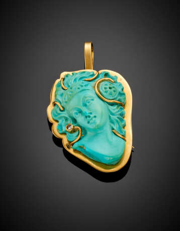 Yellow gold carved turquoise pendant/brooch accented with small diamond - фото 1