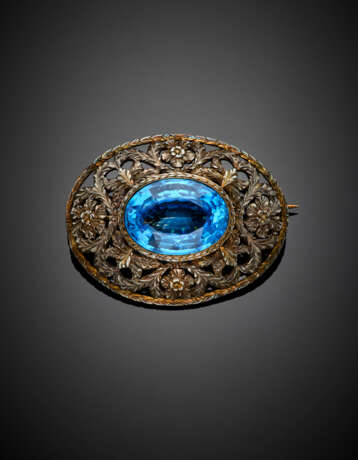 Oval synthetic sapphire silver and gold openwork brooch - Foto 1