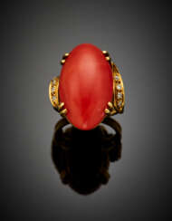 Red orange mm 23.60 x 13.80 x 6.50 circa cabochon coral yellow gold wire ring accented with small diamonds