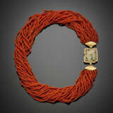 Multi-strand mm 2/2.50 circa orange coral bead necklace with carved jadeite yellow gold diamond clasp - photo 1