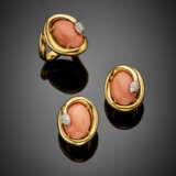 Pink coral and diamond yellow gold jewellery set comprising earrings of cm 2.40 circa and ring size 17/57 - фото 1