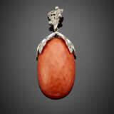 Oval faceted cm 4 x 2.40 x 0.80 circa orange coral white gold diamond pendant - photo 1