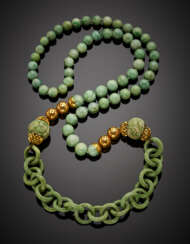 Long partly carved jadeite and cryptocrystalline quartz bead and chain necklace accented with yellow openwork gold beads 