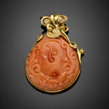 Orange variegated carved coral diamond accented yellow gold pendant - photo 1