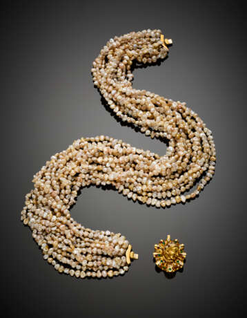 Multi-strand mm 5.50/6.50 circa cultured freshwater irregular pearl necklace with bi-coloured gold diamond - photo 1