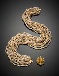 Multi-strand mm 5.50/6.50 circa cultured freshwater irregular pearl necklace with bi-coloured gold diamond