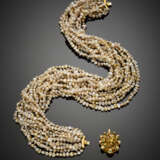Multi-strand mm 5.50/6.50 circa cultured freshwater irregular pearl necklace with bi-coloured gold diamond - фото 1
