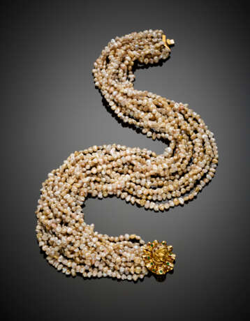 Multi-strand mm 5.50/6.50 circa cultured freshwater irregular pearl necklace with bi-coloured gold diamond - фото 2
