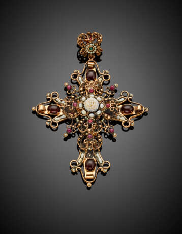 Garnet and seedpearl gilt silver pendant cross - Foto 1