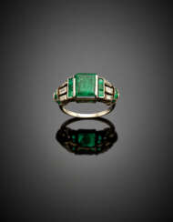 Emerald and diamond silver ring centered by a ct. 1.30 circa rectangular emerald