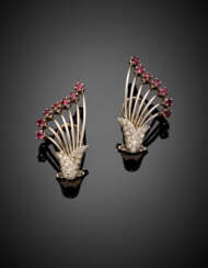 White gold ruby and diamond earclips