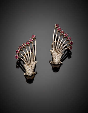 White gold ruby and diamond earclips - photo 1