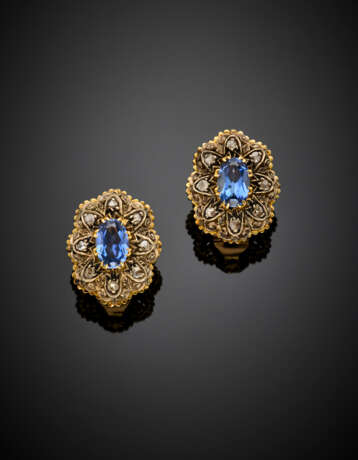 Rose cut diamond and synthetic sapphire silver and gold earclips - фото 1
