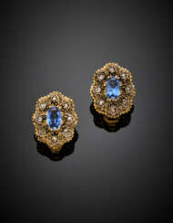 Rose cut diamond and synthetic sapphire silver and gold earclips