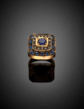 Colorless stone and blue corundum silver and yellow 12K gold ring with secret compartment - photo 1