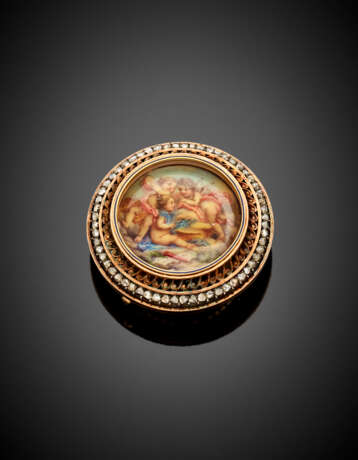 Rose cut diamond silver and gold brooch with polychrome miniature - photo 1