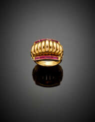 Yellow gold synthetic baguette ruby ring