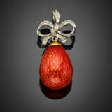 White gold diamond bow pendant holding an orange guilloché enamel egg - photo 1