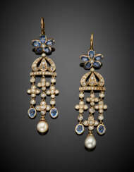 Diamond and sapphire bi-coloured gold pendant earrings ending with two pearl drops