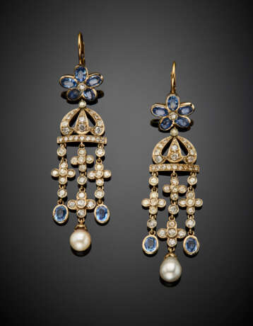 Diamond and sapphire bi-coloured gold pendant earrings ending with two pearl drops - photo 1