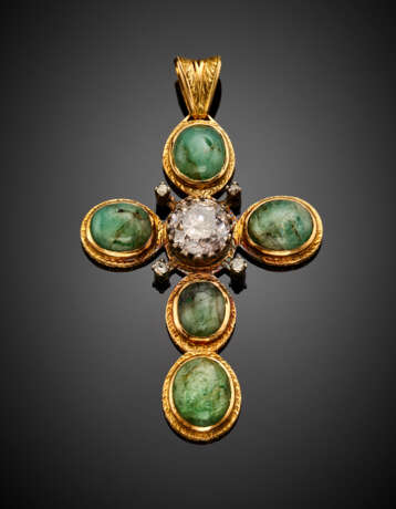 Silver and gold cross pendant with an old cut ct. 3.80 circa diamond and cabochon green cryptocrystalline quartz - photo 1
