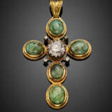 Silver and gold cross pendant with an old cut ct. 3.80 circa diamond and cabochon green cryptocrystalline quartz - Foto 1