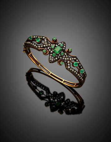 Silver and gold rose cut diamond and emerald cuff bracelet - фото 1