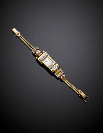 Yellow 18K gold diamond and synthetic ruby lady's wrist scroll watch with a 9K gold bracelet - photo 1