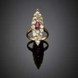 Old mine diamond and oval ruby yellow 9K gold marquise ring - photo 1